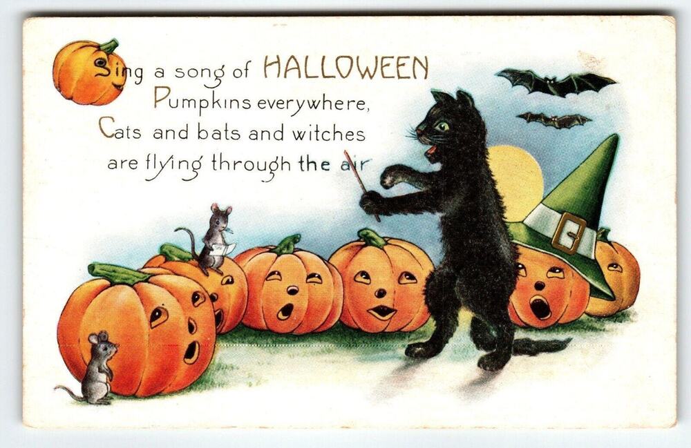 Halloween Postcard Whitney Black Cat Band Mice Moon Bats Anthropomorphic Fantasy